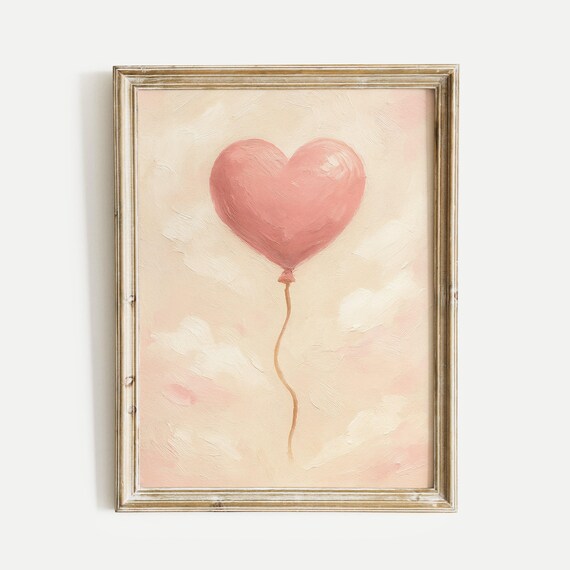 Blush Pink Heart Balloon Oil Painting Minimalist Love Poster