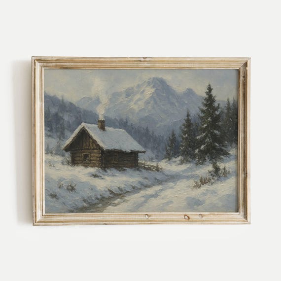 Mountain Cabin In Winter Snow Oil Painting Print Vintage Nature Wall Art Home Office Living Room Bedroom Decor