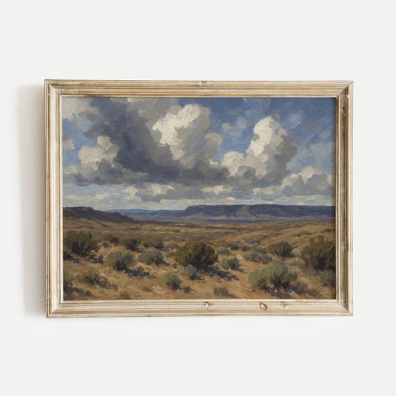 Desert With Vegetation And Clouds Oil Painting Print Nature Vintage Wall Art Home Office Living Room Bedroom Decor