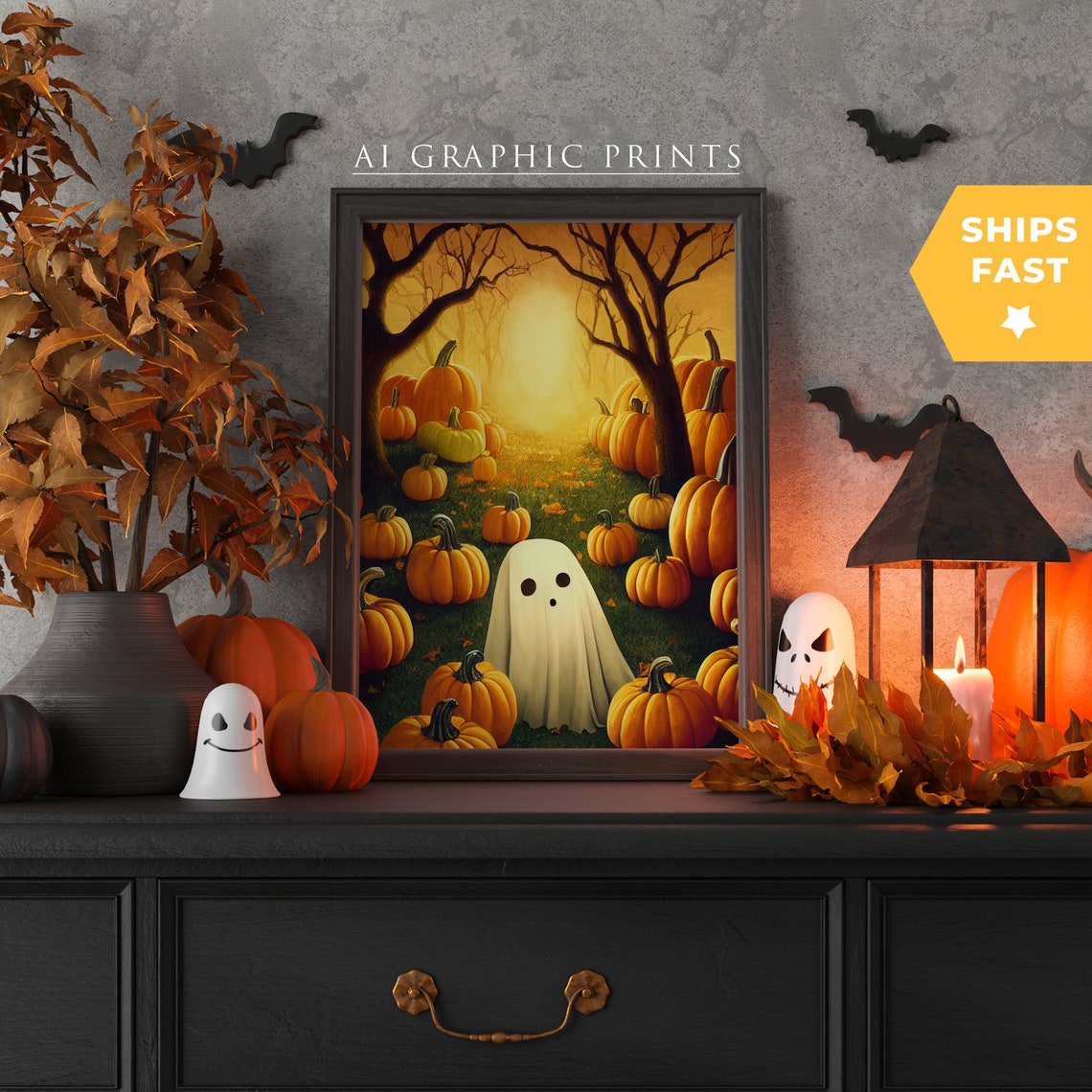 Ghost Pumpkin Halloween Wall Art Print