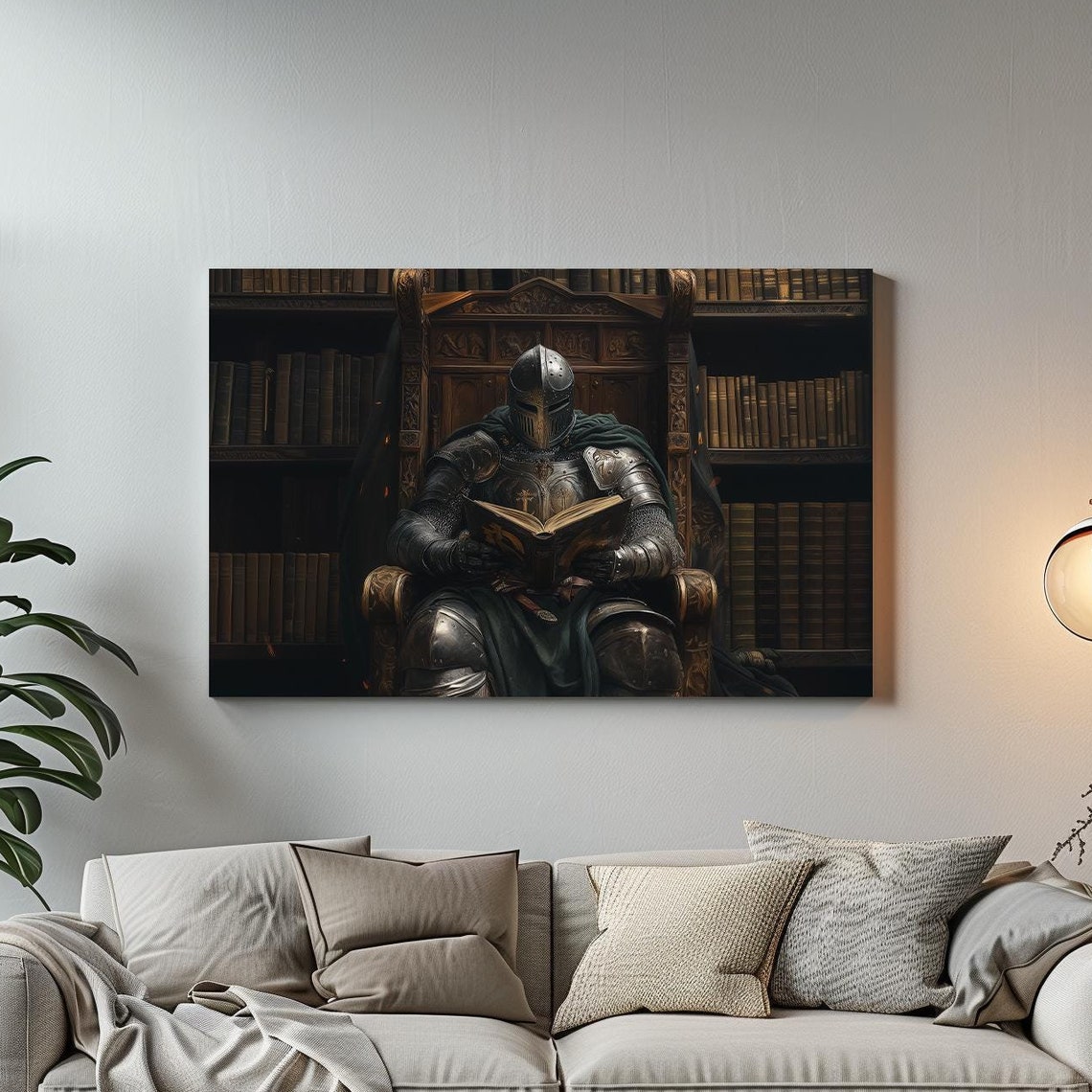 Armored Knight Reading Book In A Shadowy Grand Library Print