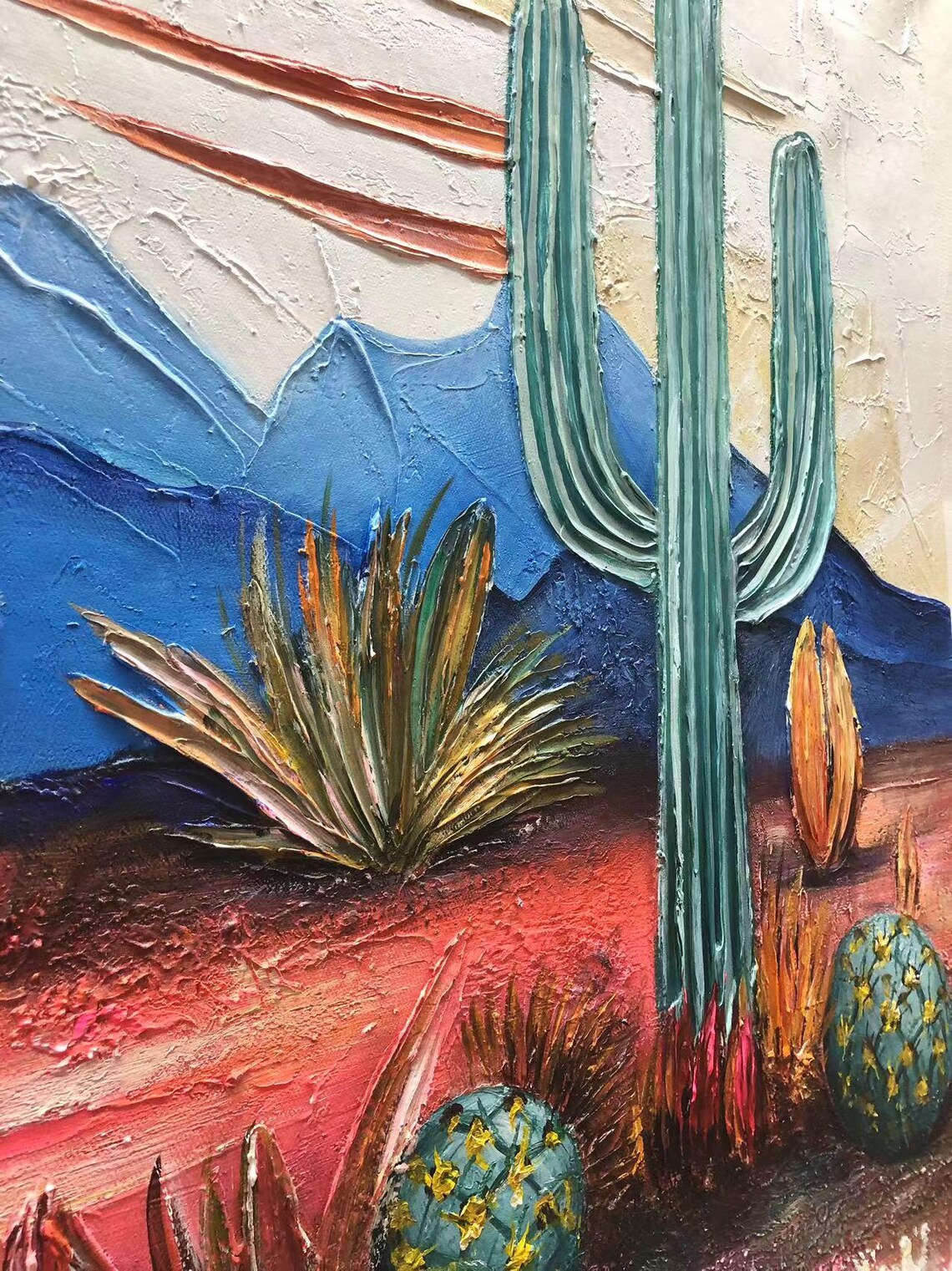 Cactus in Desert Impasto Painting, Minimalist Art - Image 3