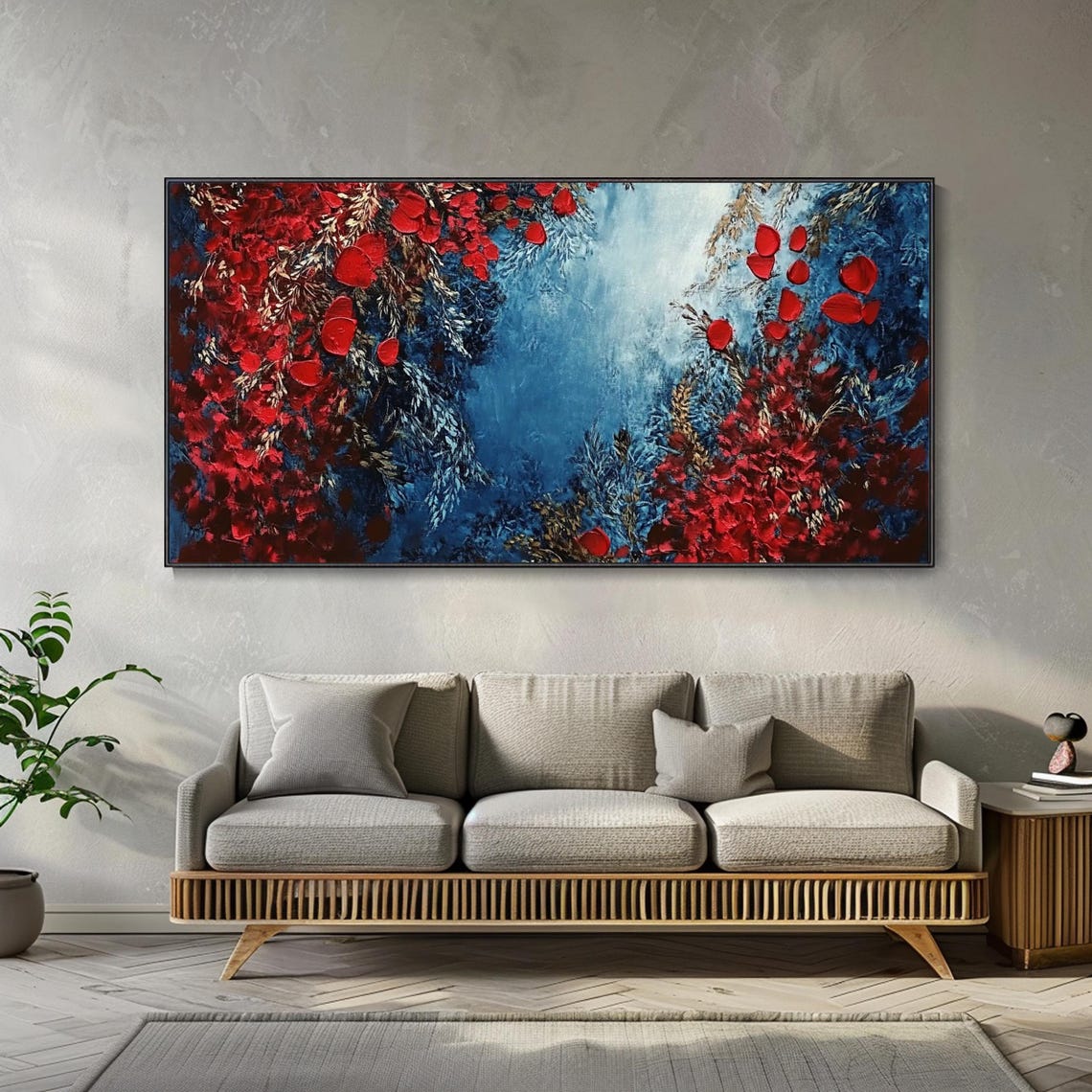 Red Rose Petals Deep Blue Abstract Romantic Oil Painting Wall Art - Image 2