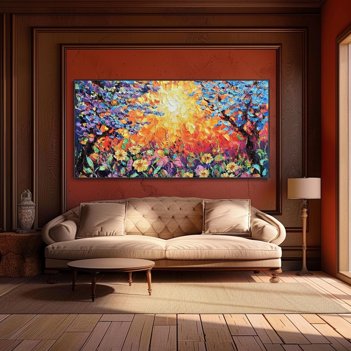 Blossom Tree Blazing Sun Colorful Garden Impasto Oil Painting Wall Art - Image 5