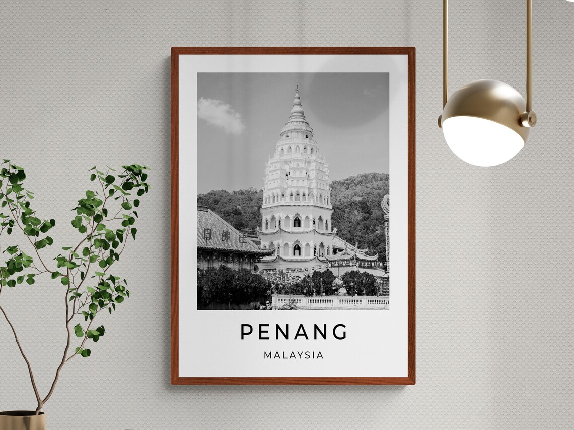 Penang Malaysia Temple Pagoda Black And White Monochrome Travel Poster - Image 3