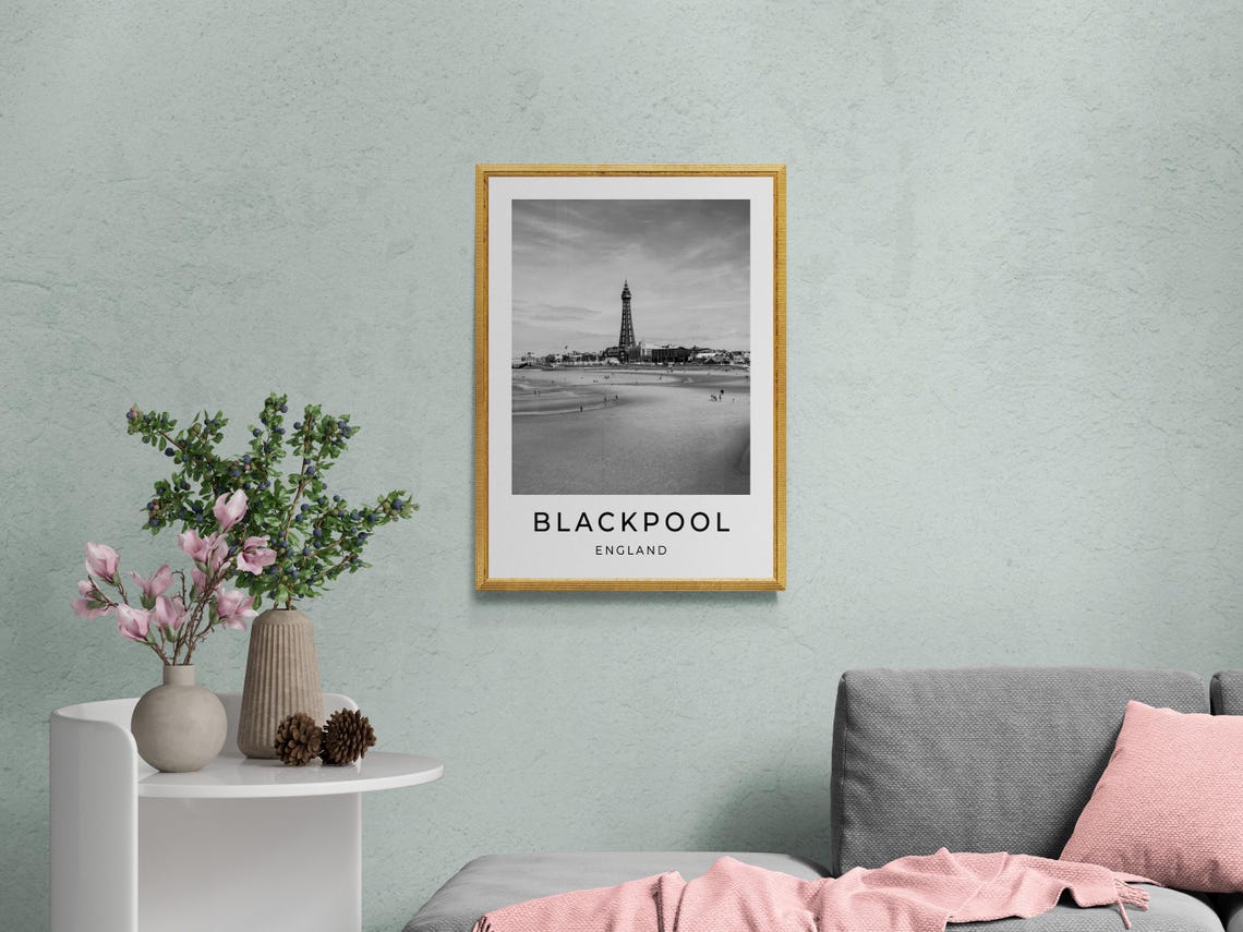 Blackpool England Tower Beach Low Tide Black and White Travel Poster - Image 2