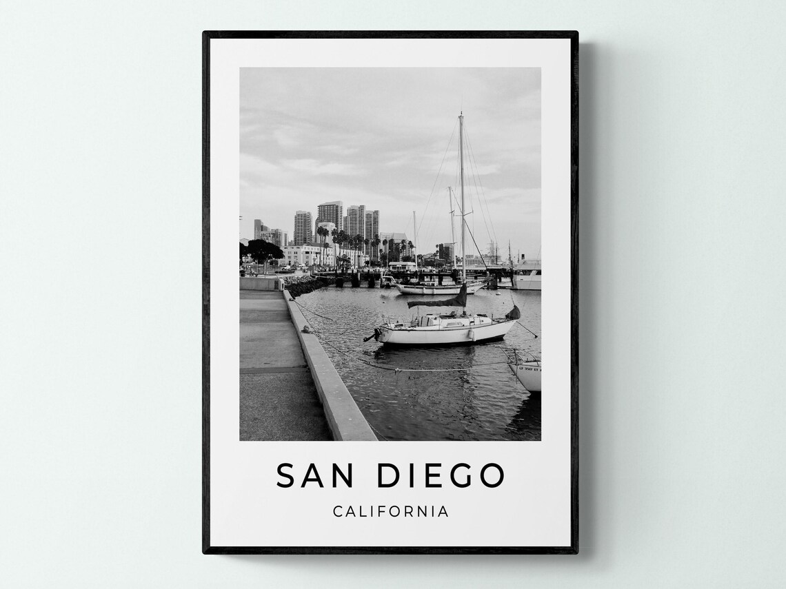 San Diego California Black White Marina Skyline Photography Print