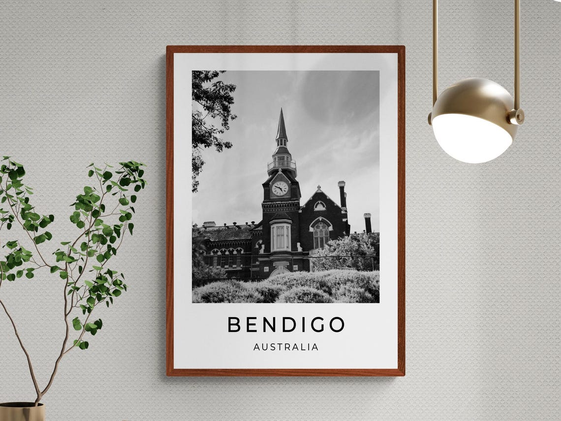 Bendigo Australia Historic Church Clock Tower Black and White Poster - Image 3