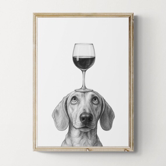 Dachshund Dog Art Print Funny And Wine Drawing Lover Wall Decor Lovers Gifts
