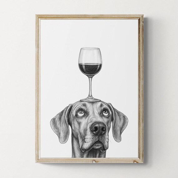 Great Dane Dog Art Print Funny And Wine Drawing Lover Wall Decor Lovers Gifts