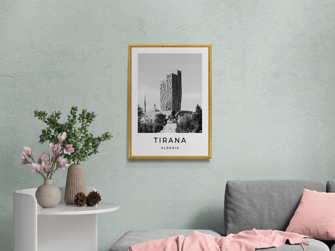 Tirana Albania Black and White Modern Tower Statue City Travel Poster - Image 2