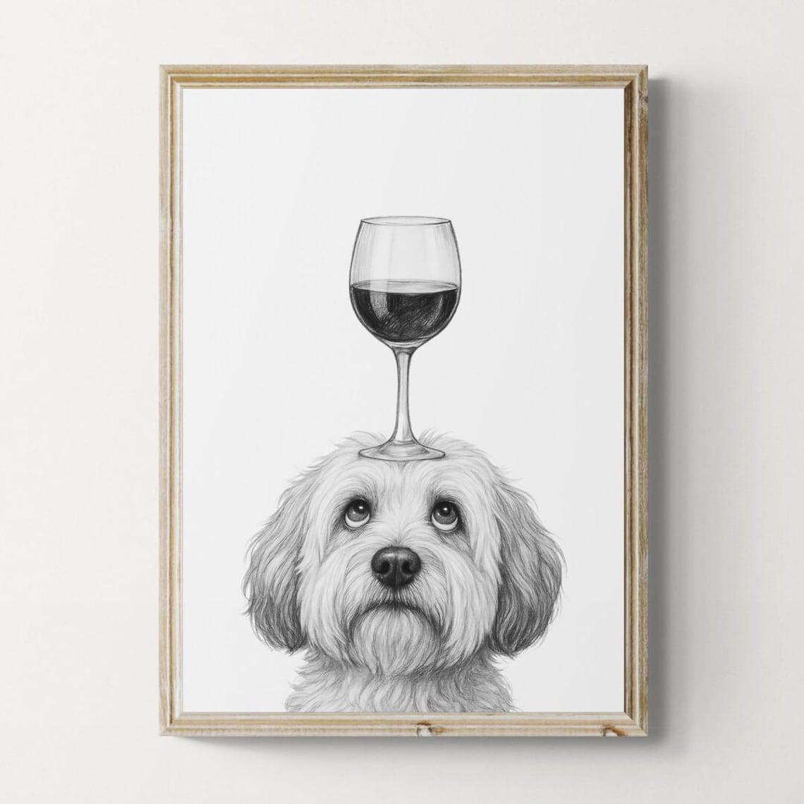 Havanese Dog Balancing Wine Glass Adorable White Dog Sketch Poster