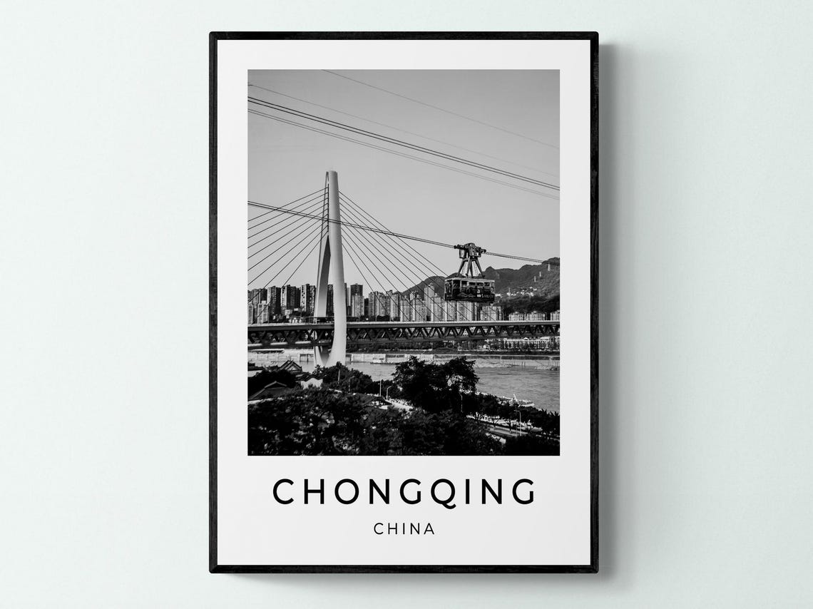 Chongqing China Yangtze Bridge Cable Car Black White Travel Poster