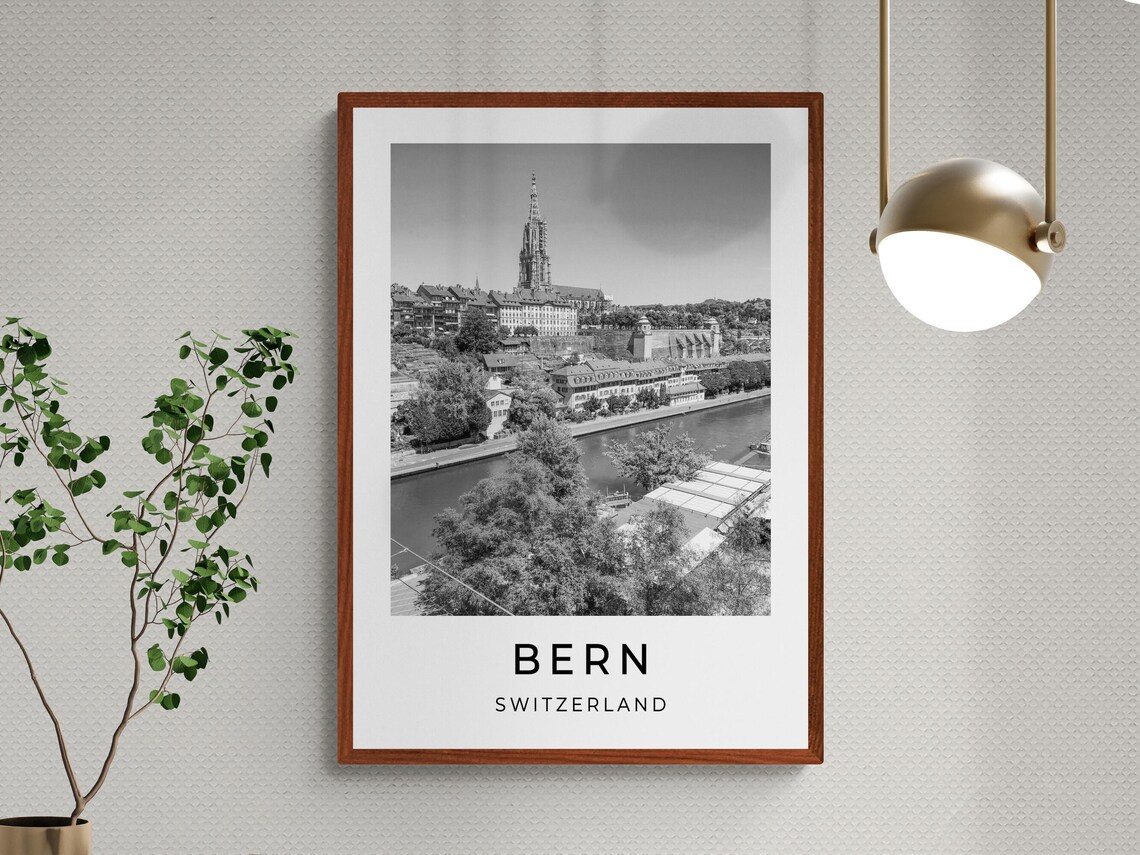 Bern Switzerland Cathedral Spire Aare River Black White Travel Poster - Image 3