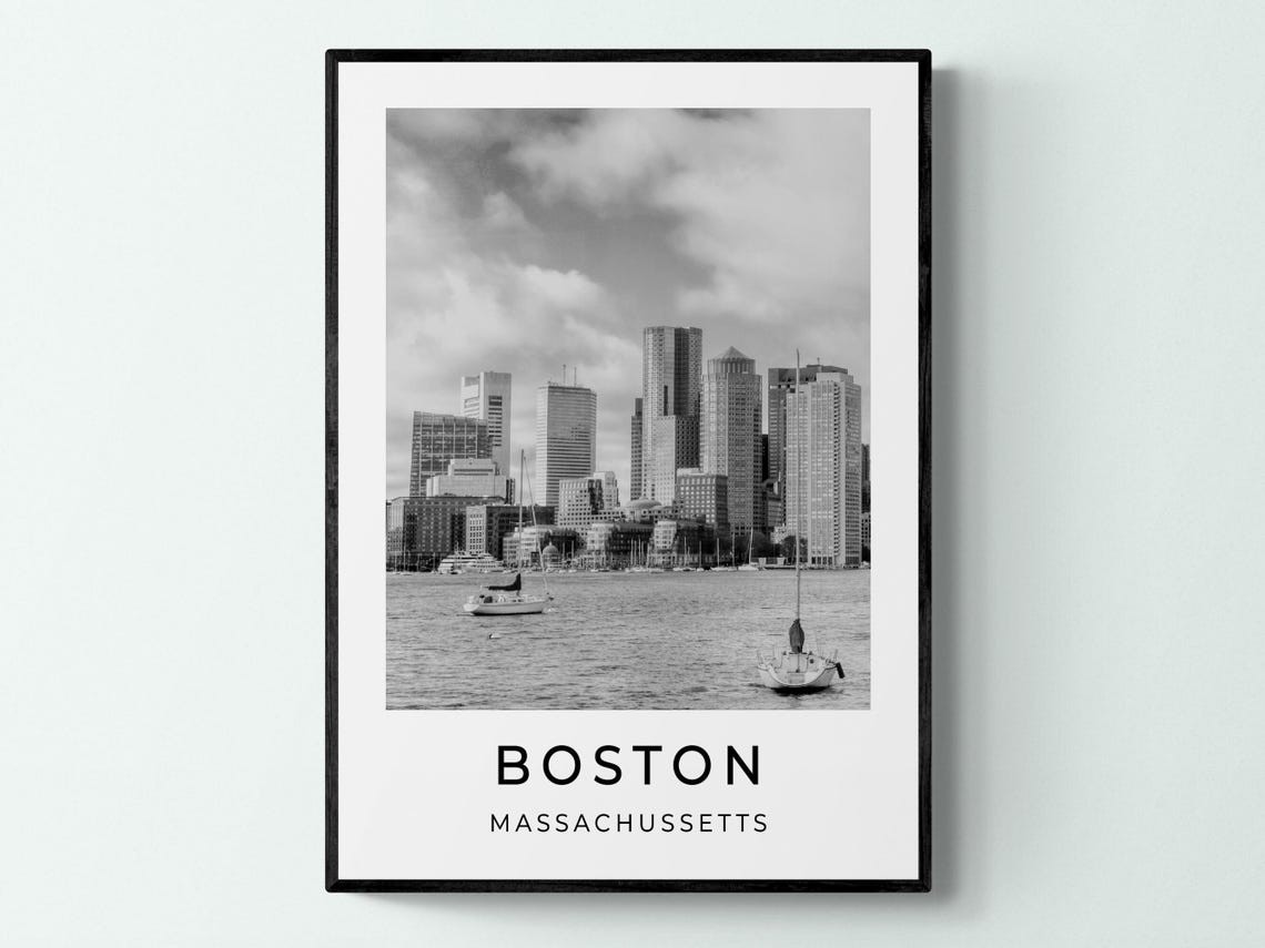 Boston Massachusetts Skyline Black White Harbor Travel Poster