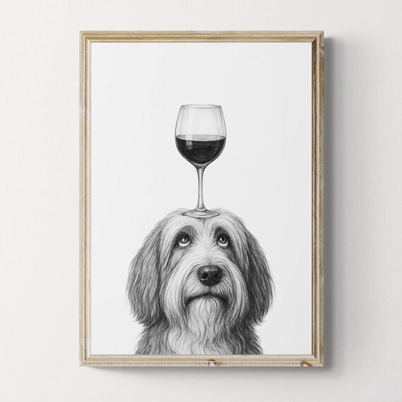 Bearded Collie Dog Art Print Funny And Wine Drawing Lover Wall Decor Lovers Gifts