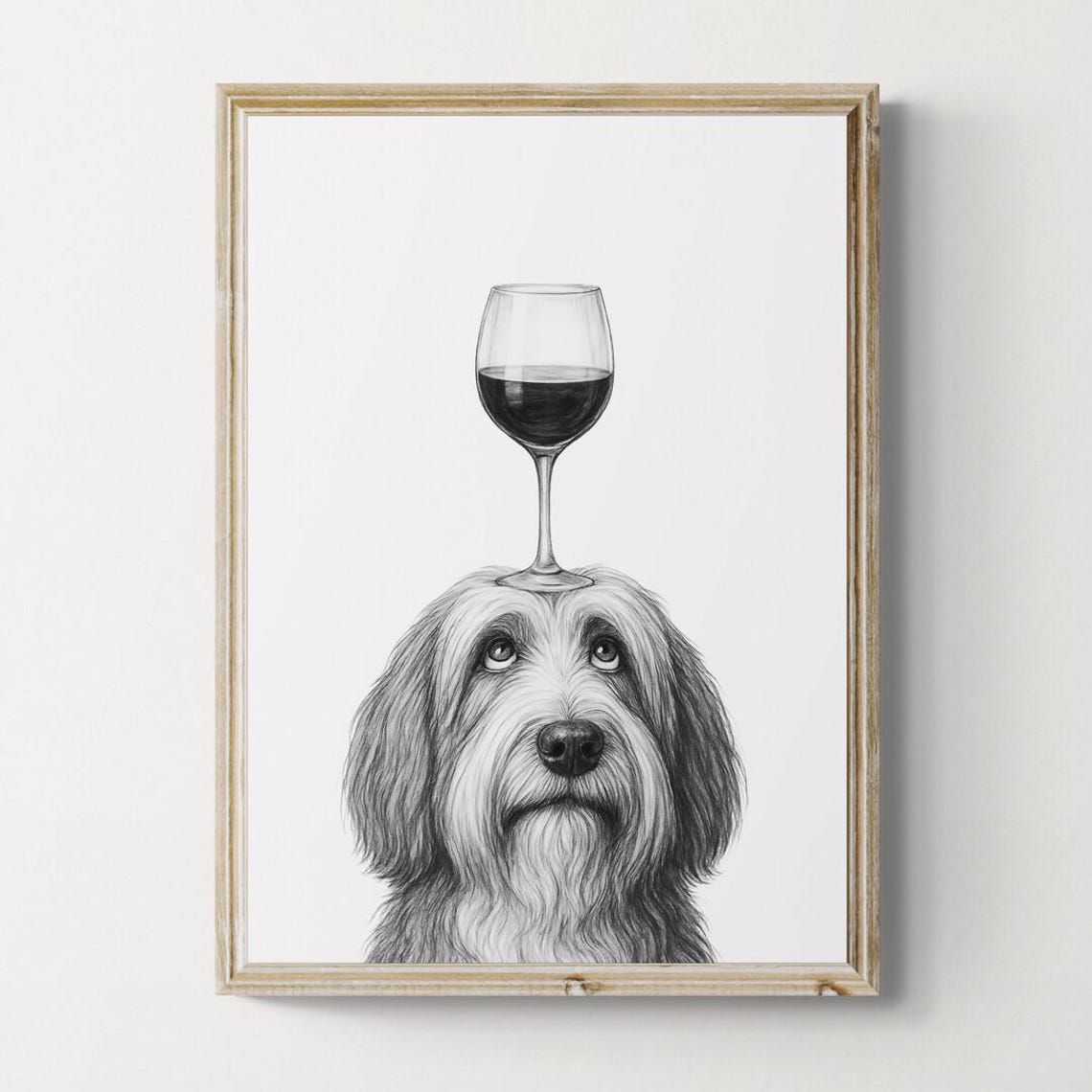 Bearded Collie Balancing Red Wine Glass Pencil Sketch Poster