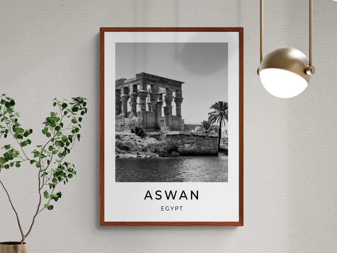 Aswan Egypt Ancient Nile Temple Colonnade Monochrome Travel Poster - Image 3