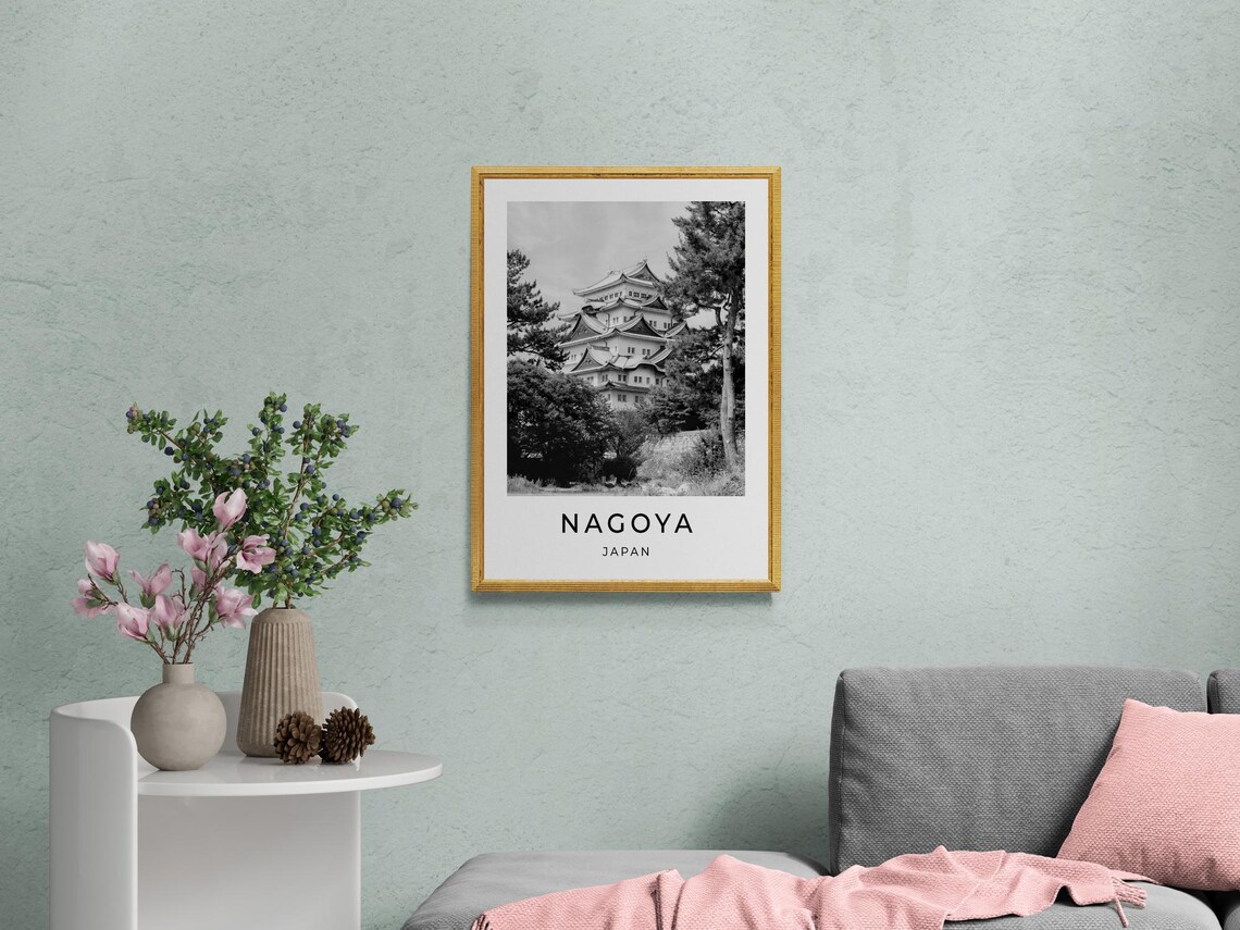 Nagoya Japan Castle Traditional Tower Trees Black White Travel Poster - Image 2