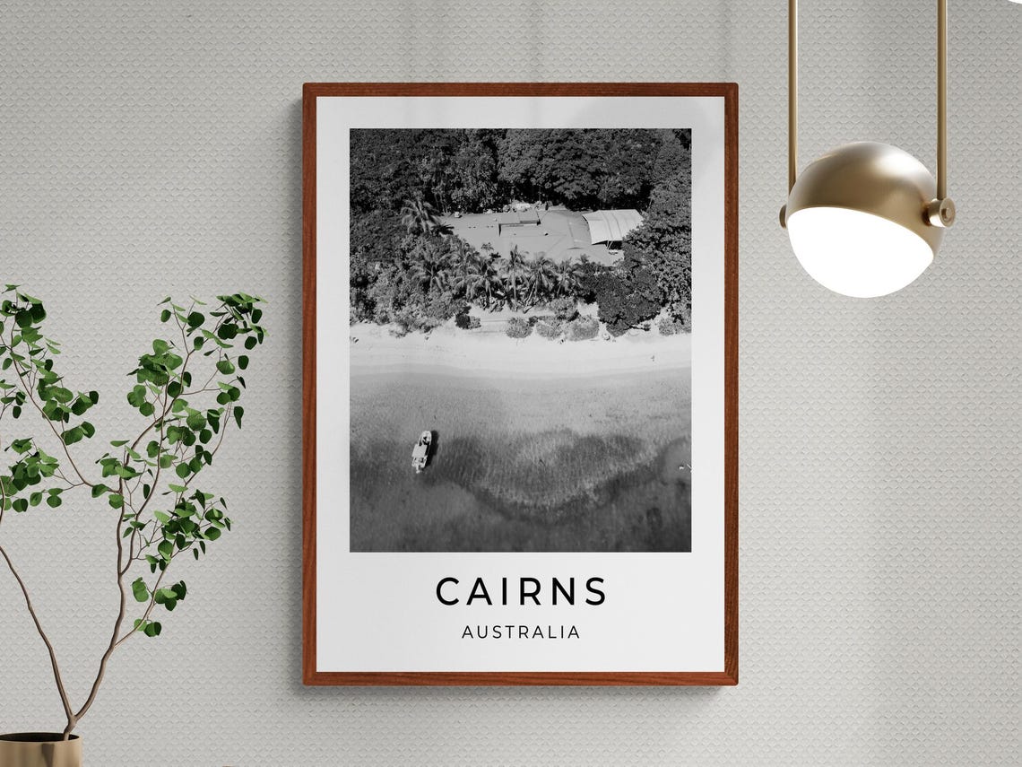 Cairns Australia Aerial Beach Palm Shore Boat Black and White Poster - Image 3