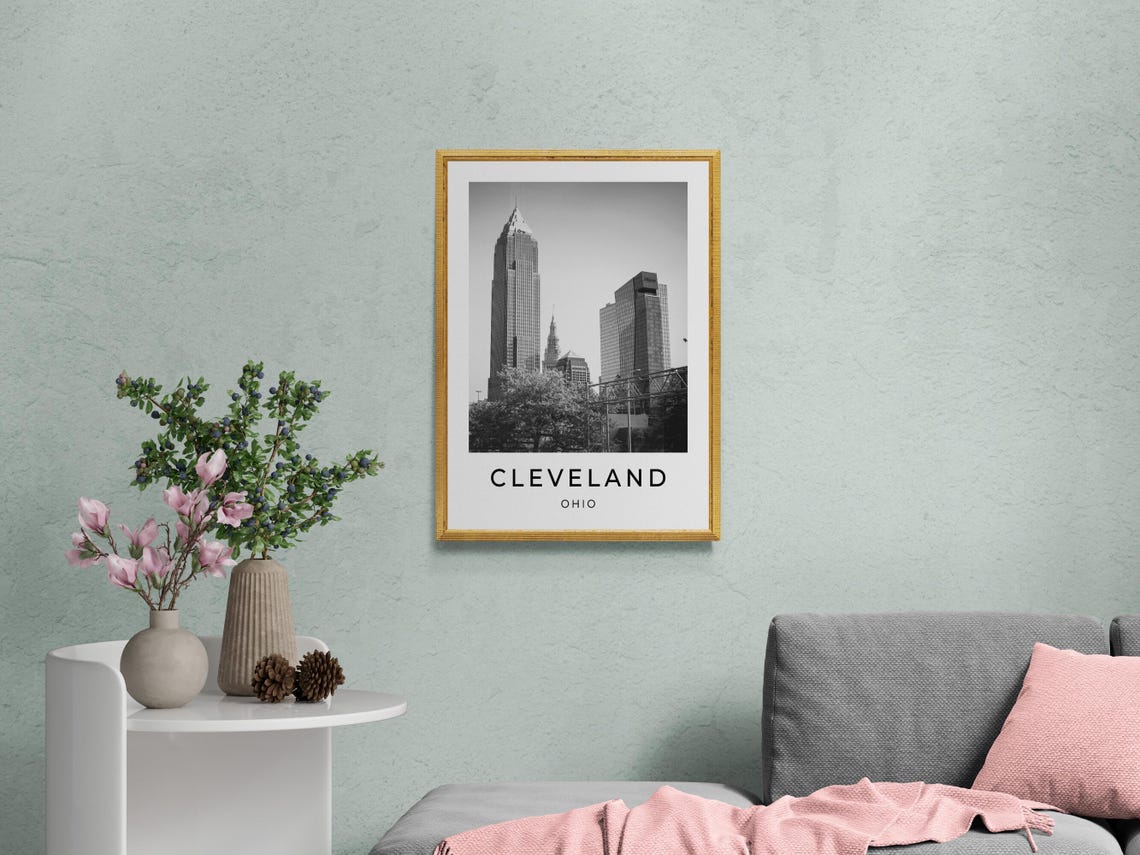 Cleveland Ohio Downtown Key Tower Skyline Monochrome Travel Poster - Image 2
