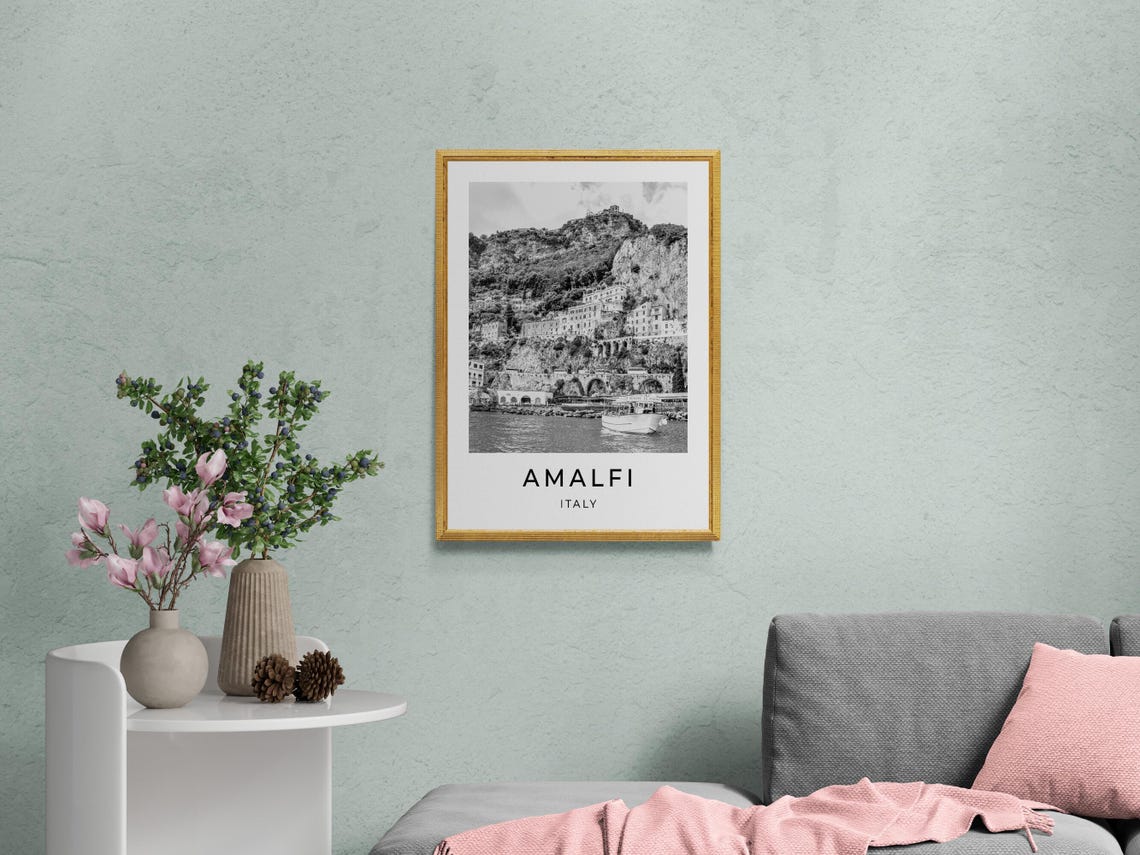 Amalfi Italy Cliffside Town Harbor Boat Black And White Travel Poster - Image 2