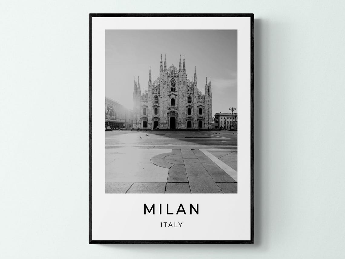 Milan Italy Black and White Duomo Cathedral Square Travel Poster - Image 3