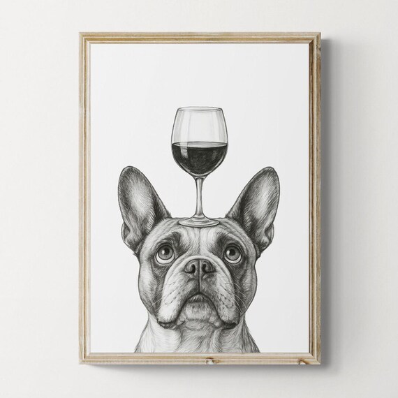French Bulldog Dog Art Print Funny And Wine Drawing Lover Wall Decor Lovers Gifts