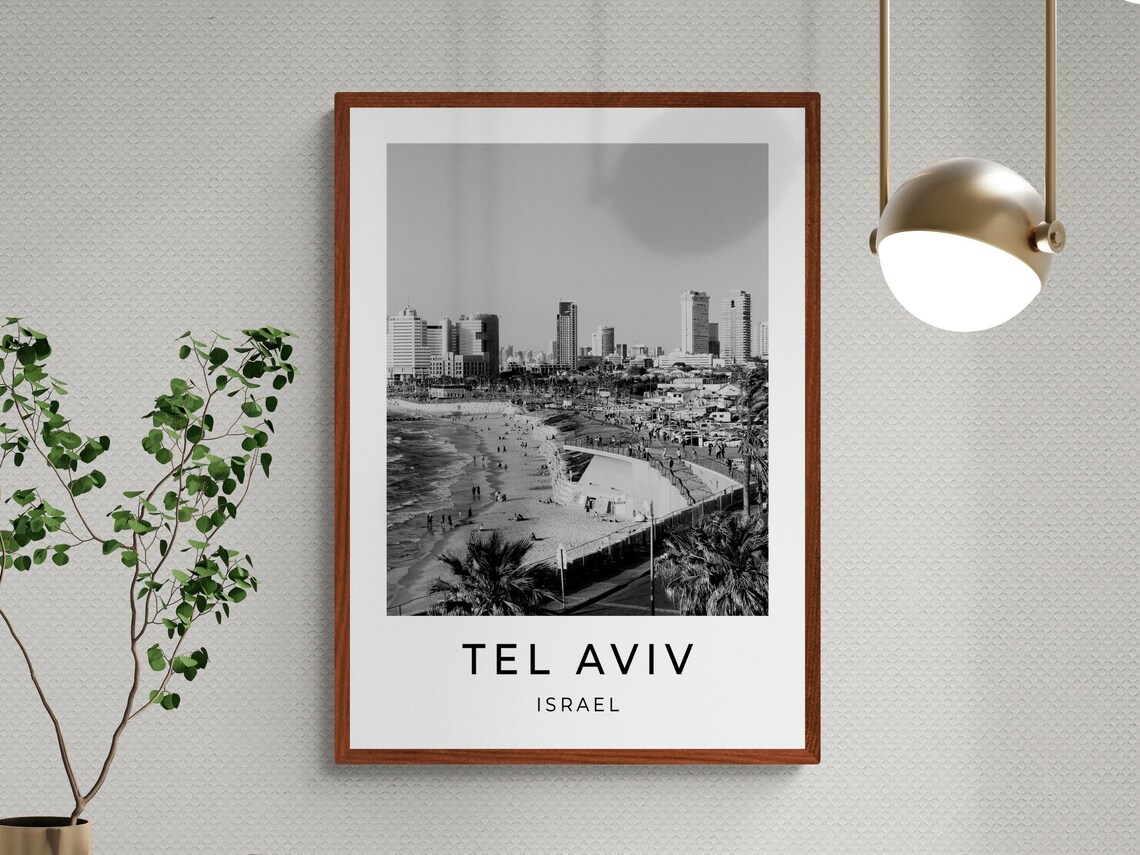 Tel Aviv Israel Beach Skyline Black And White City View Poster - Image 3
