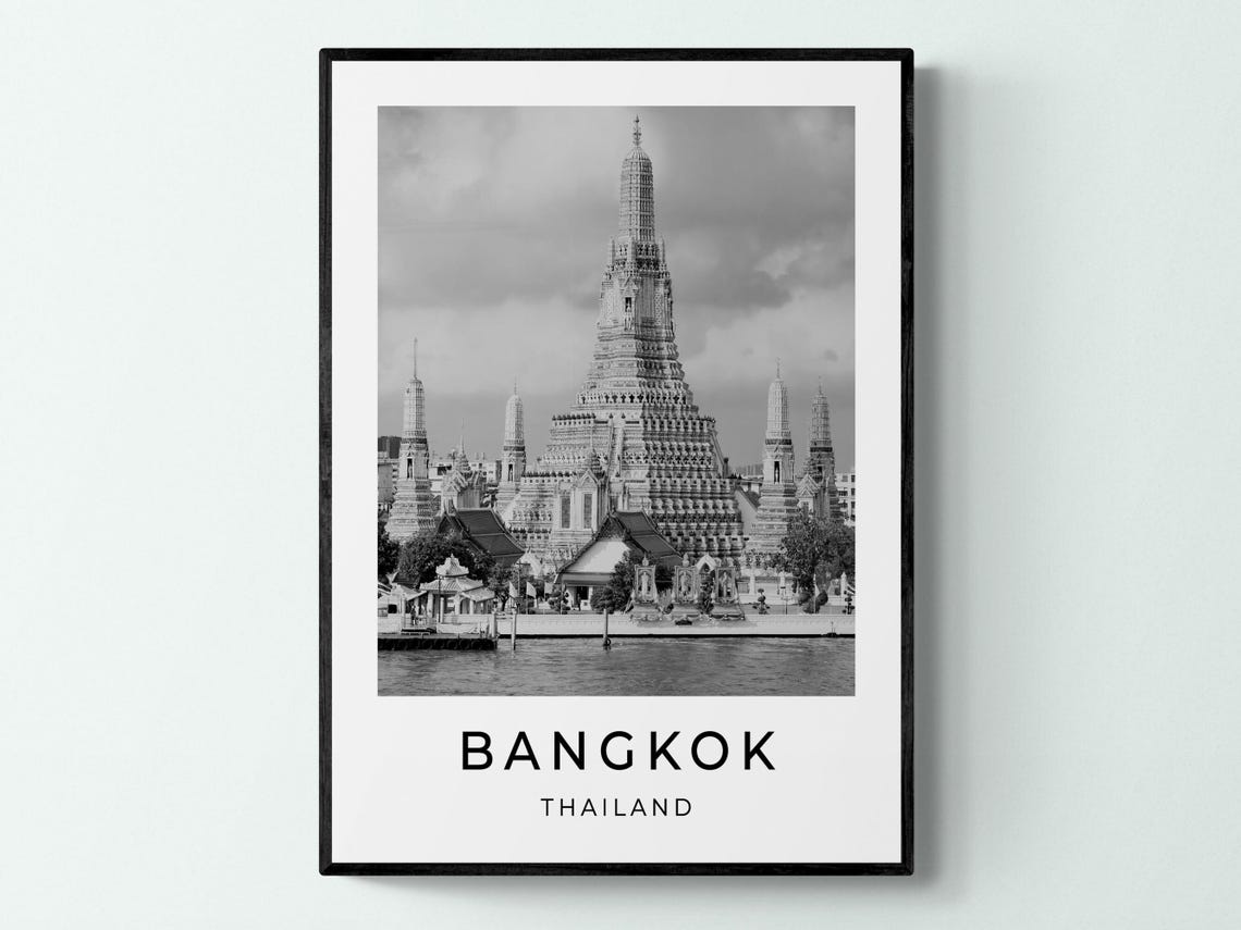Bangkok Thailand Wat Arun Temple of Dawn Riverside Black White Poster
