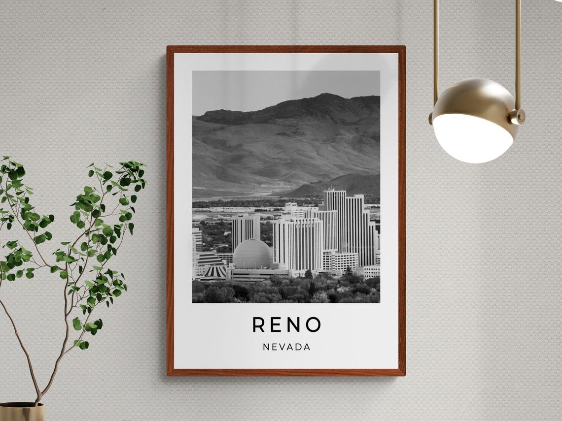 Reno Nevada Downtown Skyline Mountain View Black And White Poster - Image 3