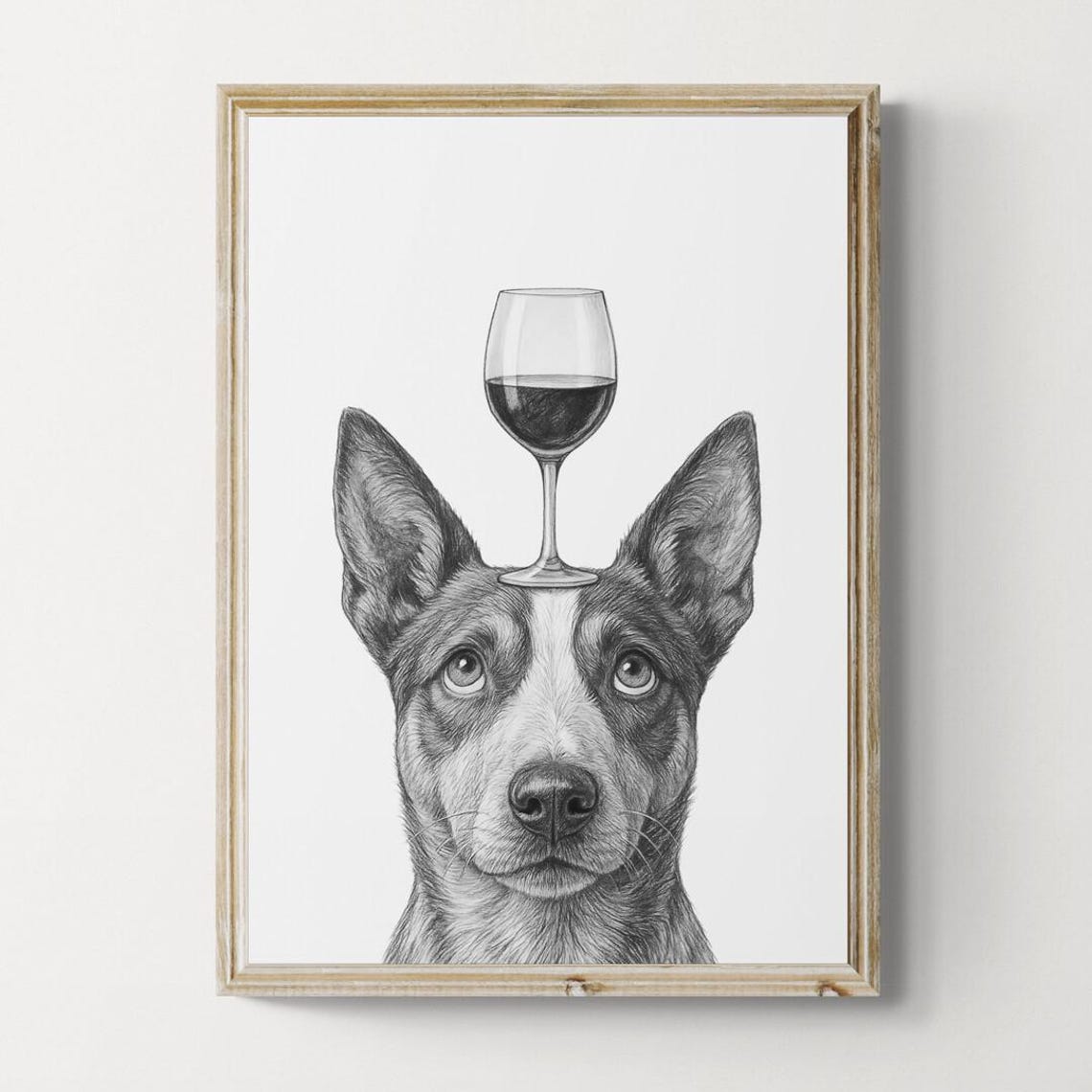 Australian Cattle Dog Balancing Red Wine Glass Funny Sketch Poster