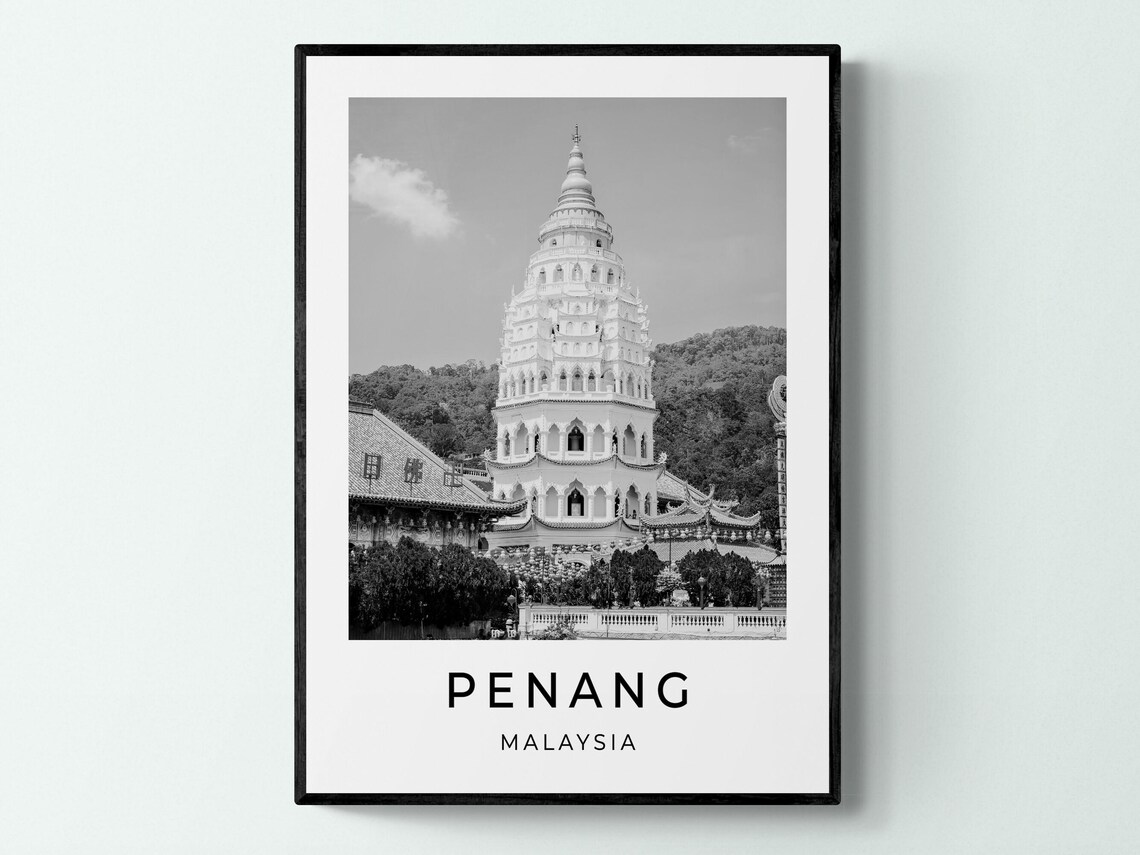 Penang Malaysia Temple Pagoda Black And White Monochrome Travel Poster
