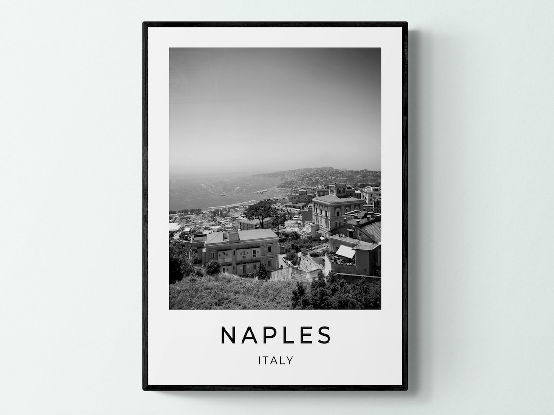 Naples Italy Black and White Coastal City Bay View Travel Poster - Image 3