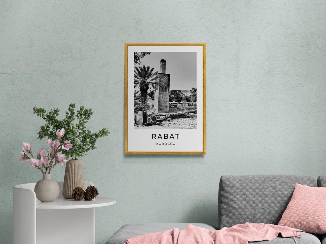 Rabat Morocco Hassan Tower Minaret Palm Tree Ruins Black White Poster - Image 2