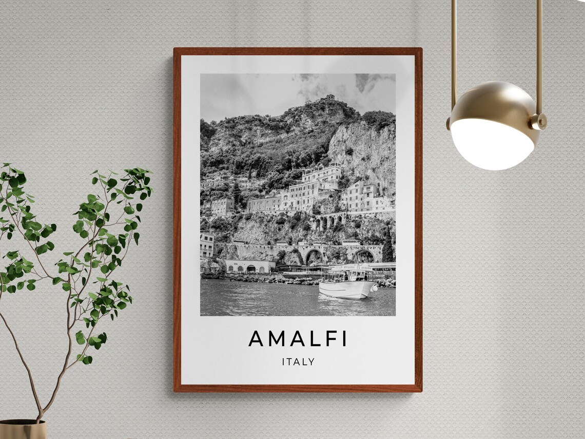 Amalfi Italy Cliffside Town Harbor Boat Black And White Travel Poster - Image 3