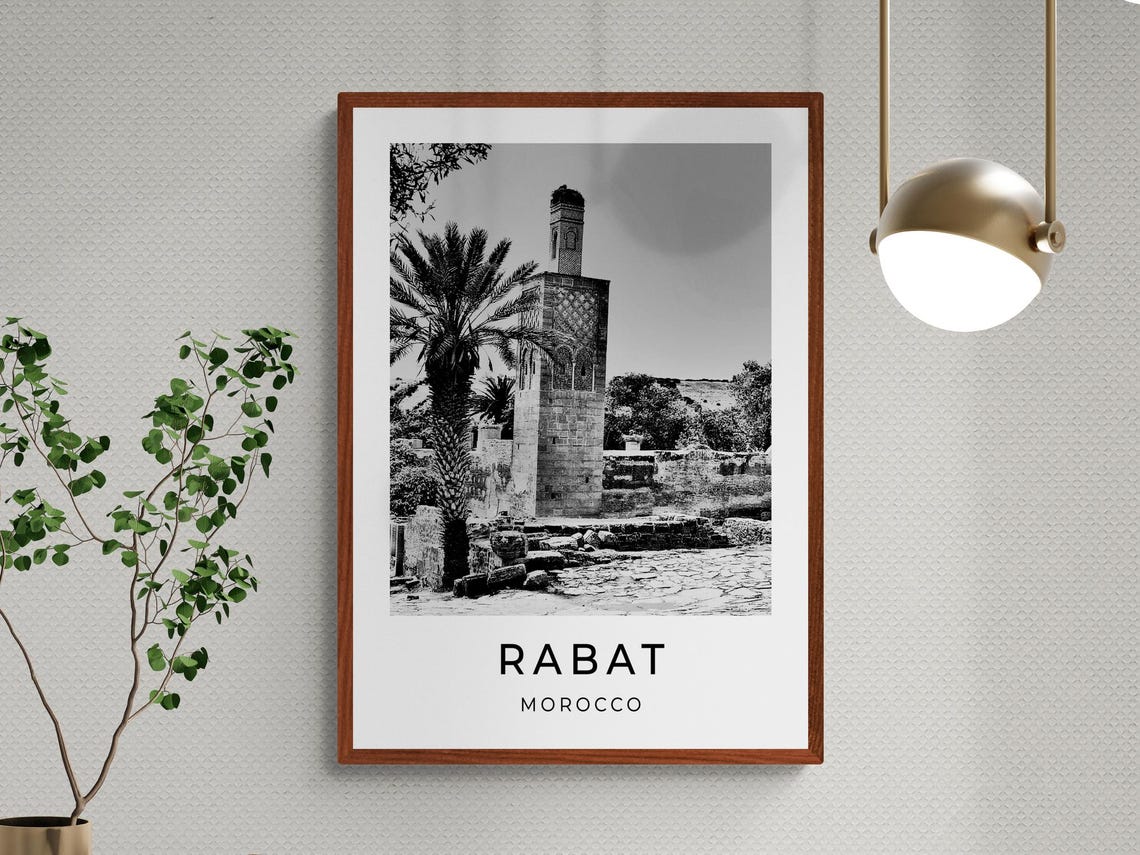 Rabat Morocco Hassan Tower Minaret Palm Tree Ruins Black White Poster - Image 3