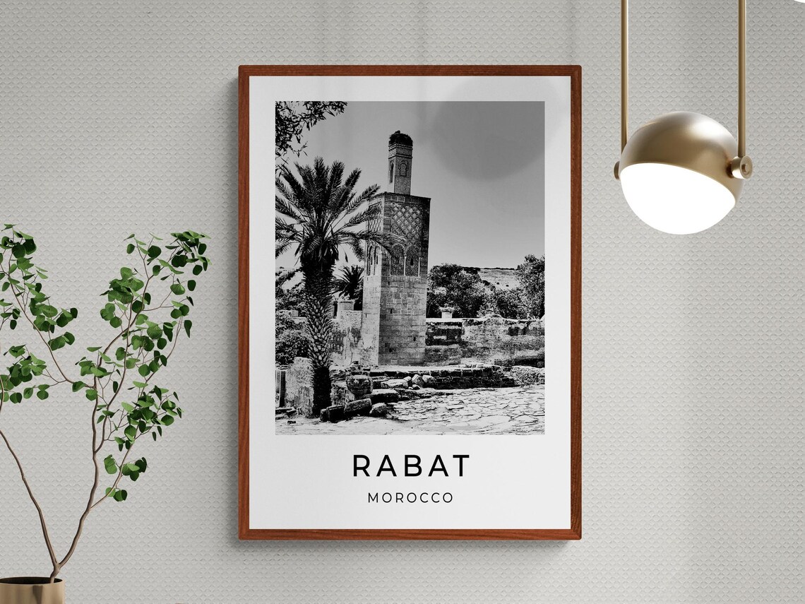 Rabat Morocco Hassan Tower Stork Nest Palm Monochrome Travel Poster - Image 3