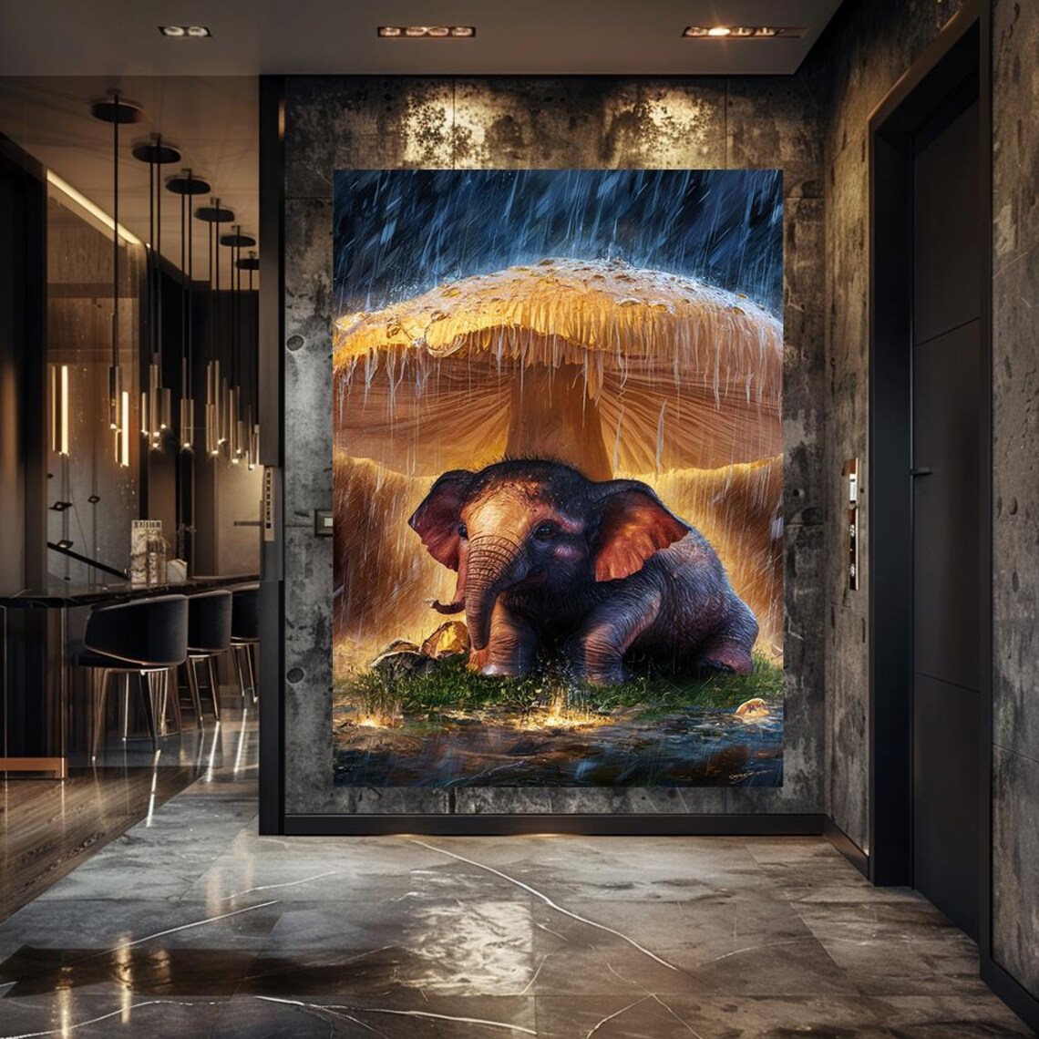 Baby Elephant Under Giant Mushroom Rain Whimsical Nursery Poster - Image 5