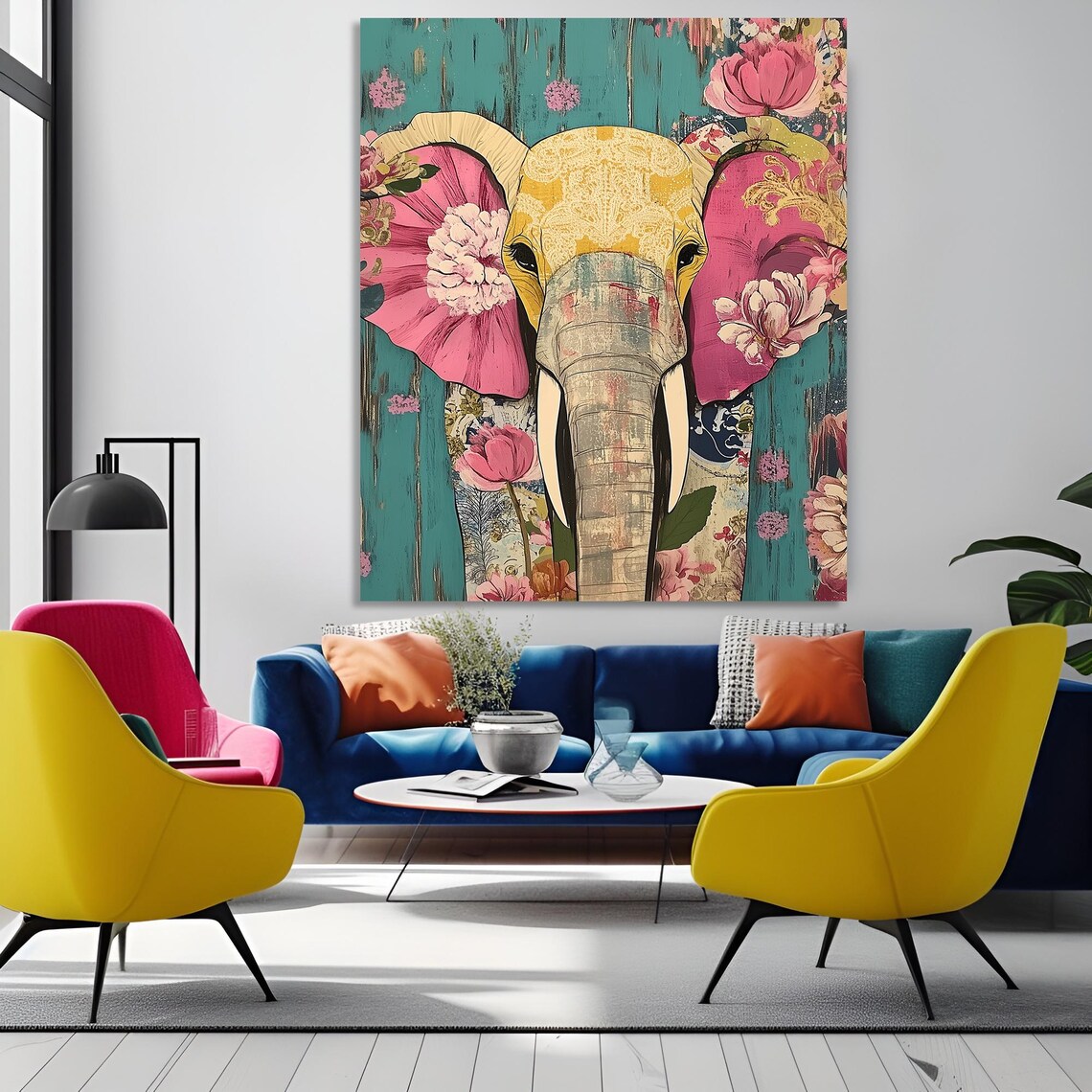 Elephant Head Pink Flowers Teal Bohemian Jungle Style Poster - Image 6