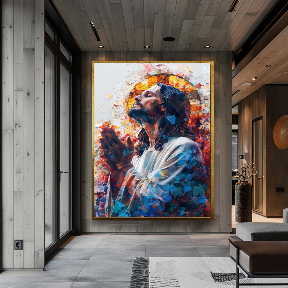 Jesus Praying Under a Golden Halo in Shattered Mosaic Style Poster - Image 5