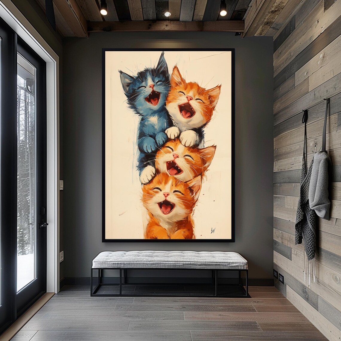 Four Laughing Kittens Stacked High in a Joyful Watercolor Poster - Image 4