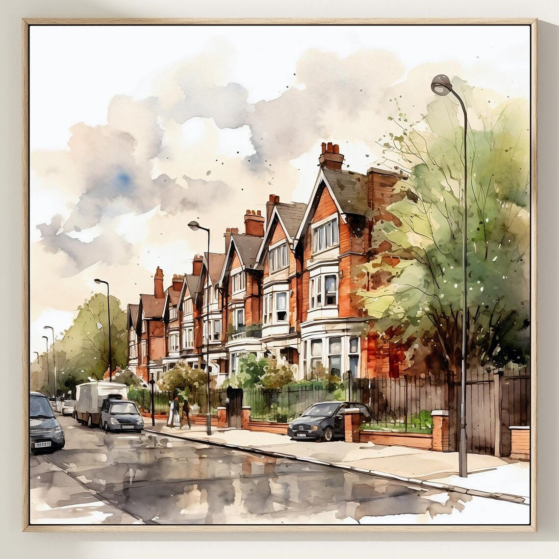 London Victorian Terraced Houses Rainy Street Watercolor Poster