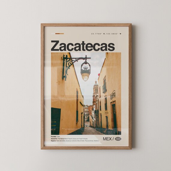 Zacatecas Mexico Travel Poster with Colonial Street and Cathedral