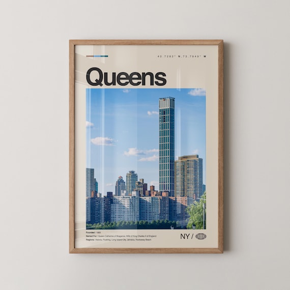 Queens New York City Skyline Landmark Borough Vintage Travel Poster