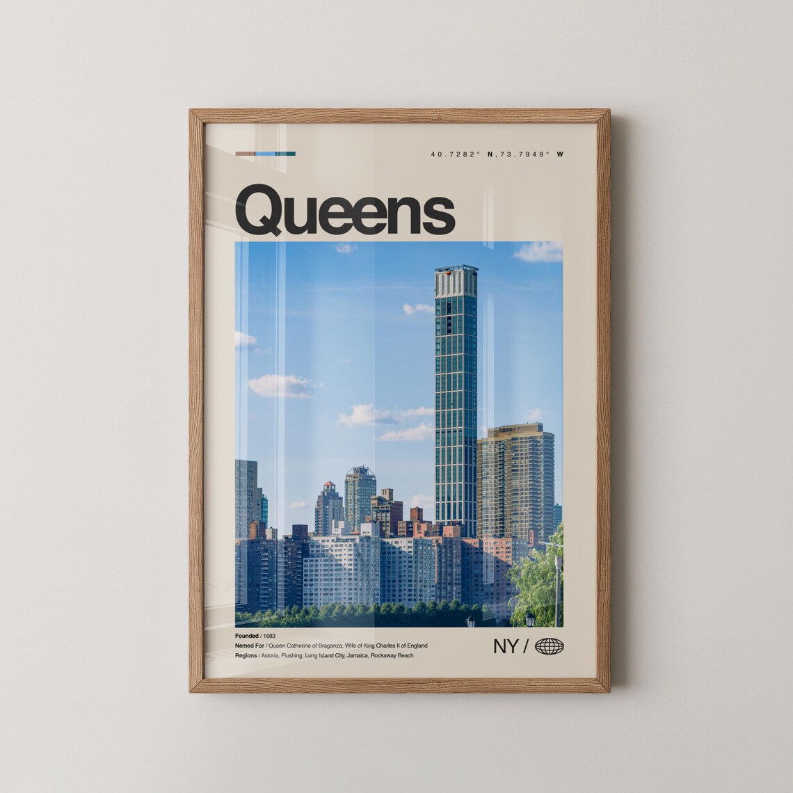 Queens New York City Skyline Landmark Borough Vintage Travel Poster