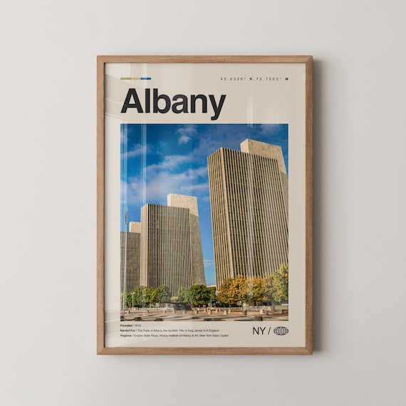 Albany New York City Travel Poster with Empire State Plaza Photo