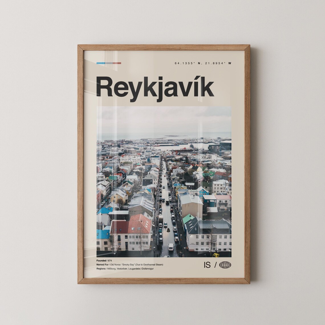 Reykjavik Iceland Colorful City Street Aerial Map Travel Poster