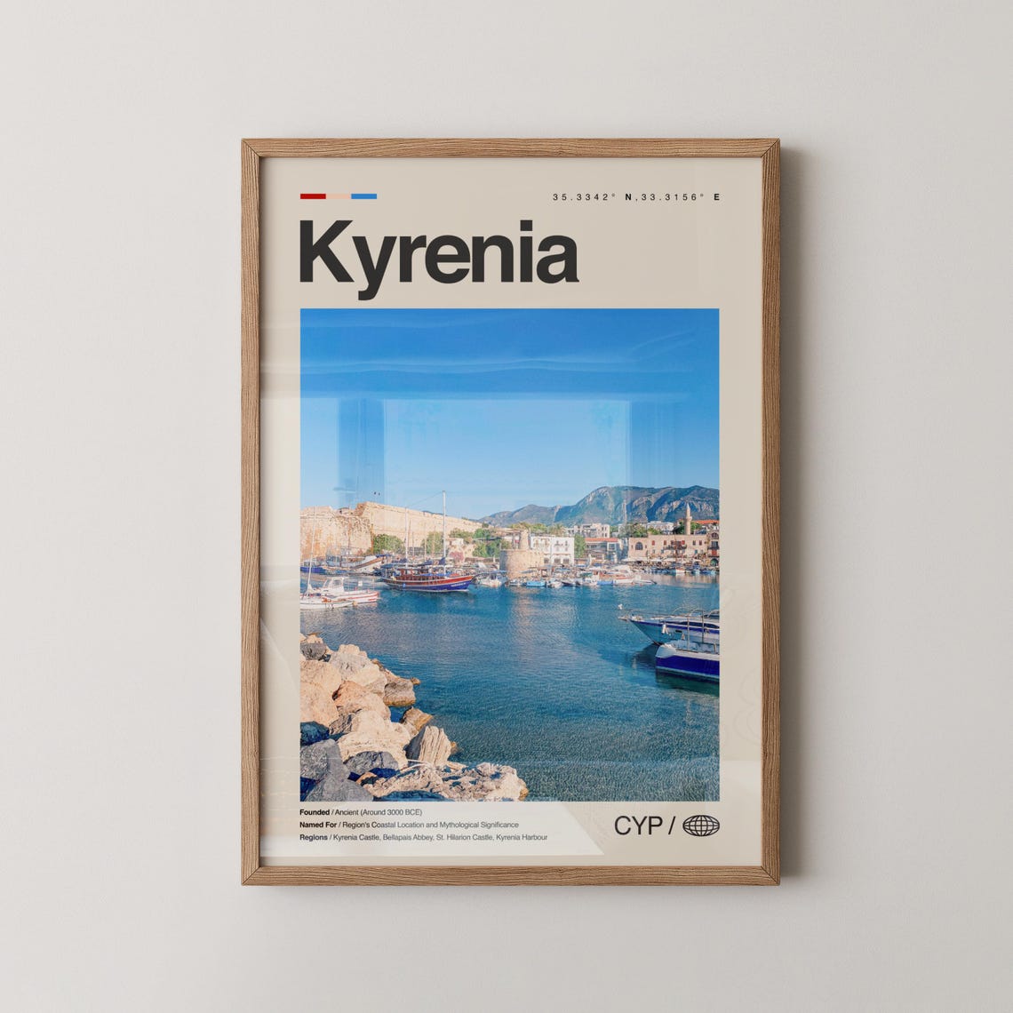 Kyrenia Harbor Travel Poster Cyprus Castle Photo with Coordinates