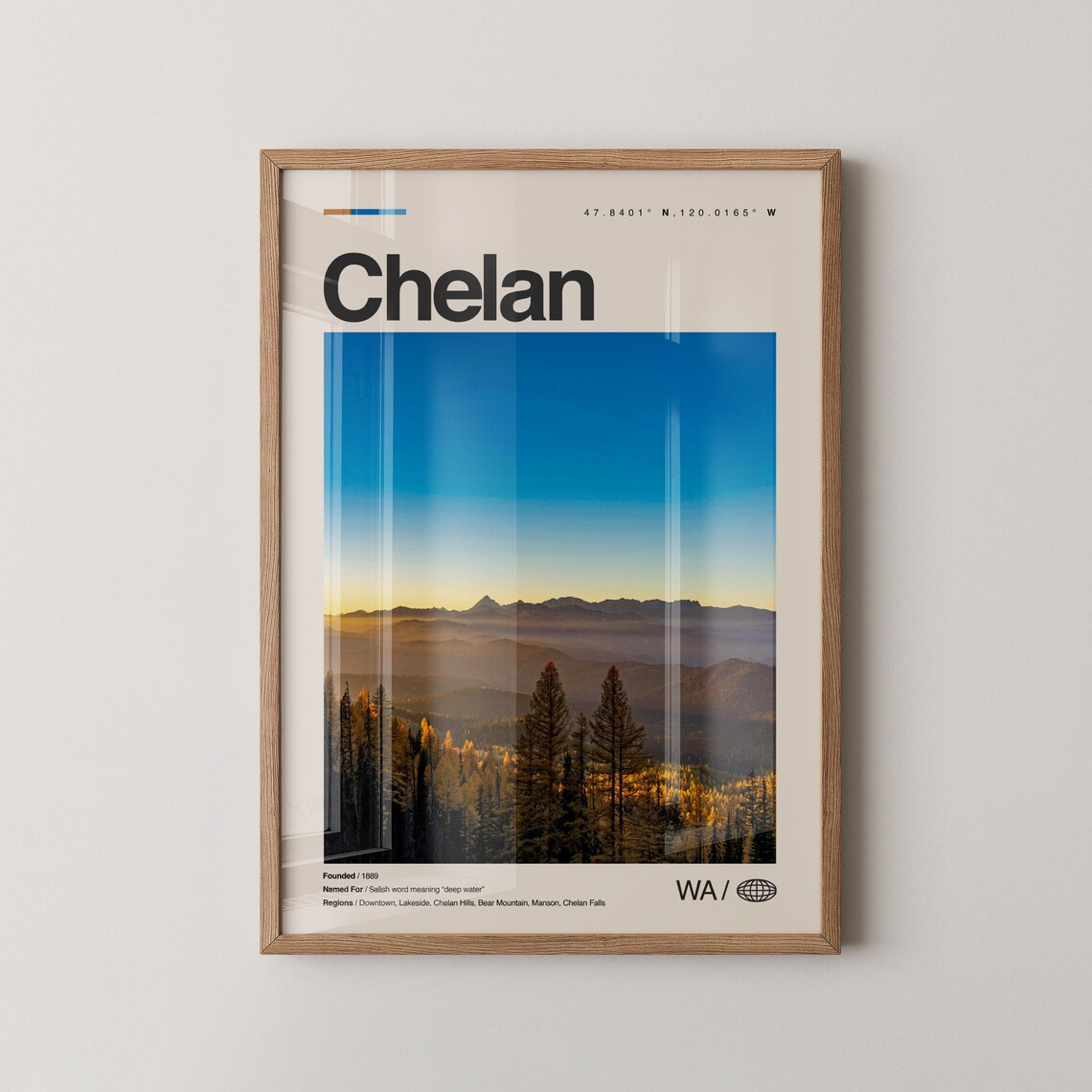 Chelan Print Real Photo Travel Art Poster Mid Century Minimal Wall Map Washington